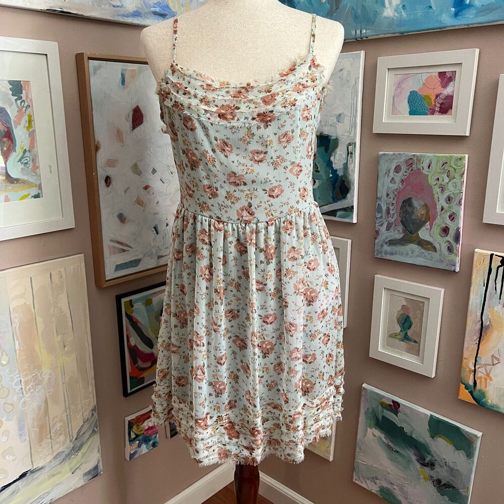 Willow & Clay Blue Floral Lace Trim Babydoll Dress Cottagecore Coquette Size L‎